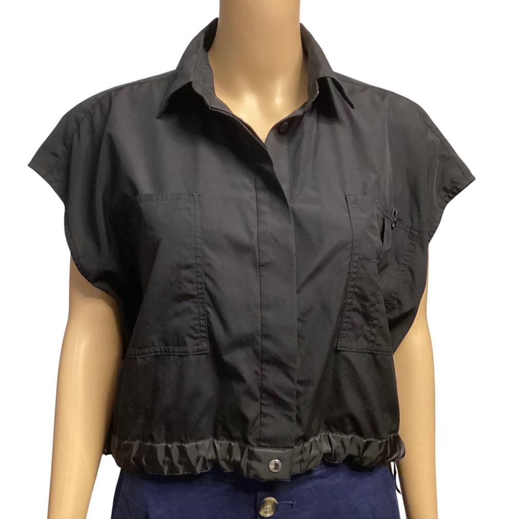 Sacai Black Cropped Drawstring Waist Poplin Shirt Cap Sleeve Utility Pocket sz L